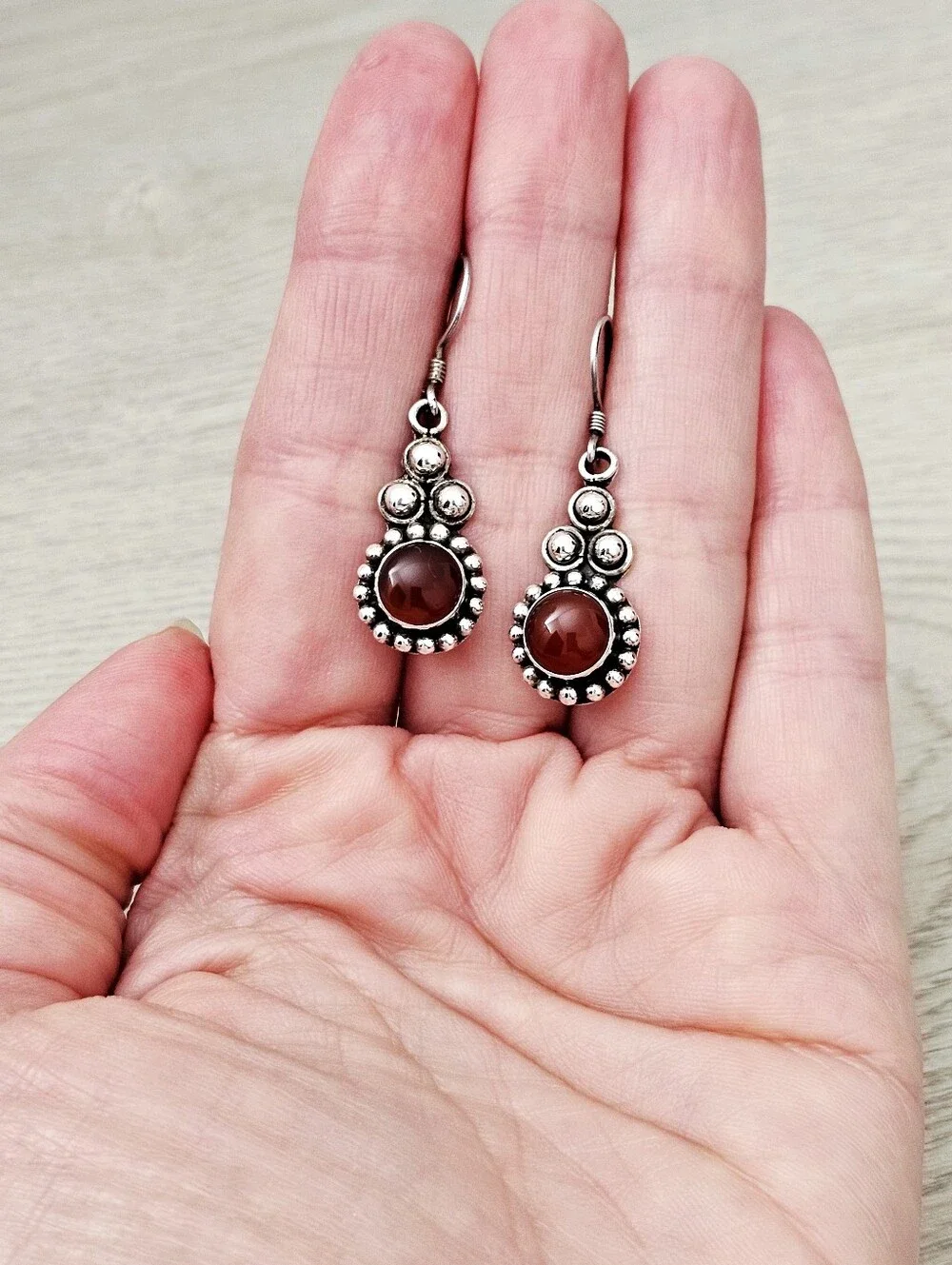Artisan Sterling Silver Cabochon Garnet Gem & Caviar Beaded French Wire Earrings
